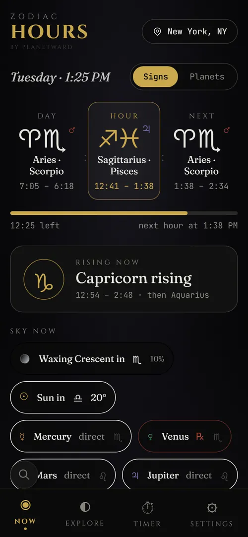 The Now screen: the tri-time and the rising sign
